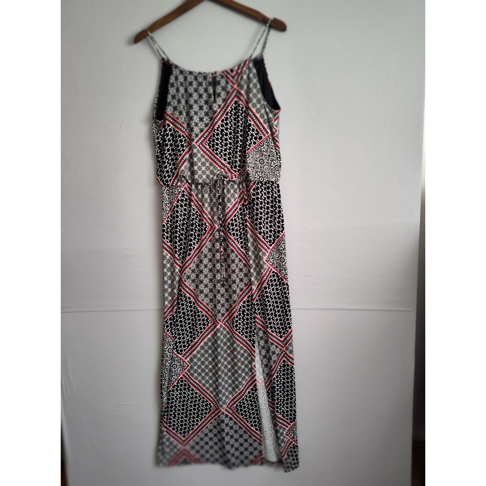Women Geometric Patchwork Print Maxi Dress‎ Black White Red Slit Size 10 Boho
